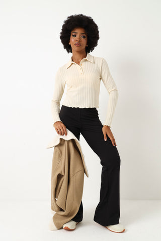 Long Sleeve Brushed Rib Golfer - Cream