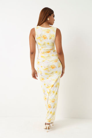 Sleeveless Floral Midi Dress - Yellow