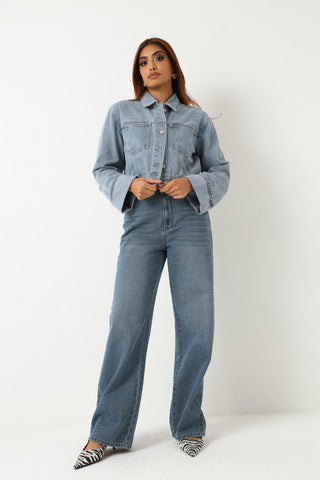 Turn Up Sleeve Denim Jacket - Mid Wash