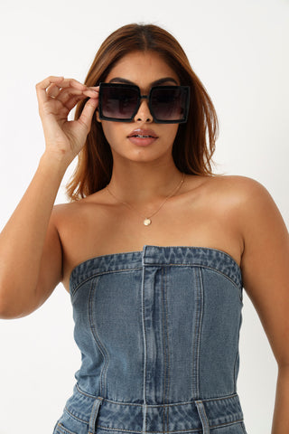 Square Frame Metal Chain Sunglasses - Black