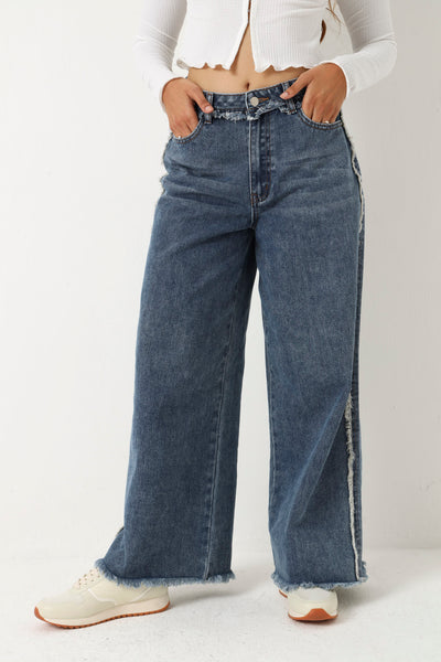 Frayed Side Seam Wide Leg Jean - Dark Wash – LEGiT