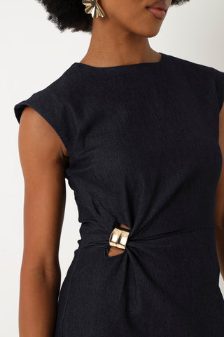 Chambray Trim Detail Midi Dress - Dark Wash