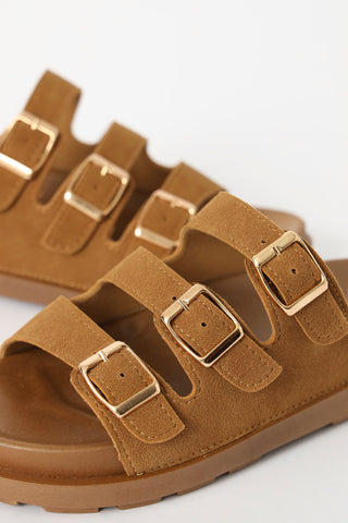 Moulded 3 Strap Buckle Mule Sandal - Tan