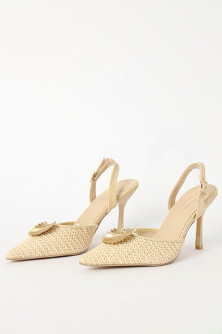 Fan Trim Pointy Slingback Heel - Natural