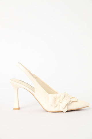 Slingback Floral Trim Mid Heel - Off White