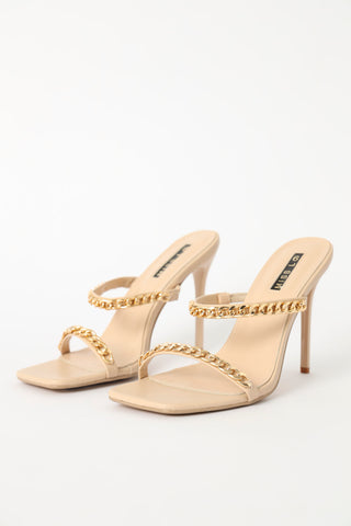 Two Strap Chain Detail High Stiletto Heel - Natural
