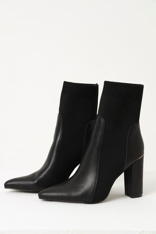 Rib Detail Heeled Ankle Pointed Sock Boot - Black