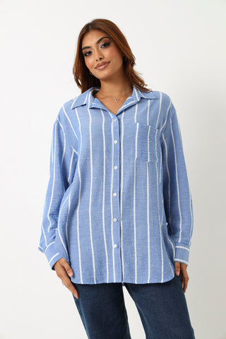 Long Sleeve Striped Linen Woven Shirt - White/Blue