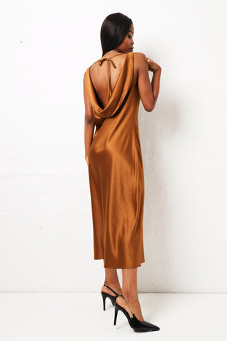 Trim Detail Satin Maxi Dress  - Tan