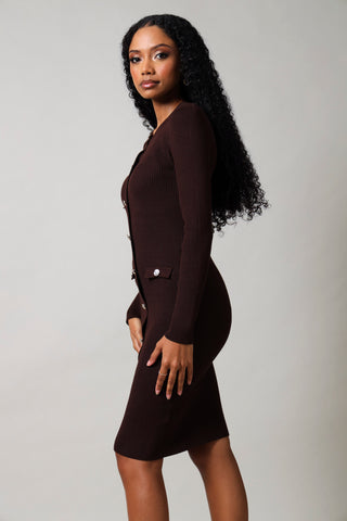 Long Sleeve Knitwear Dress - Brown