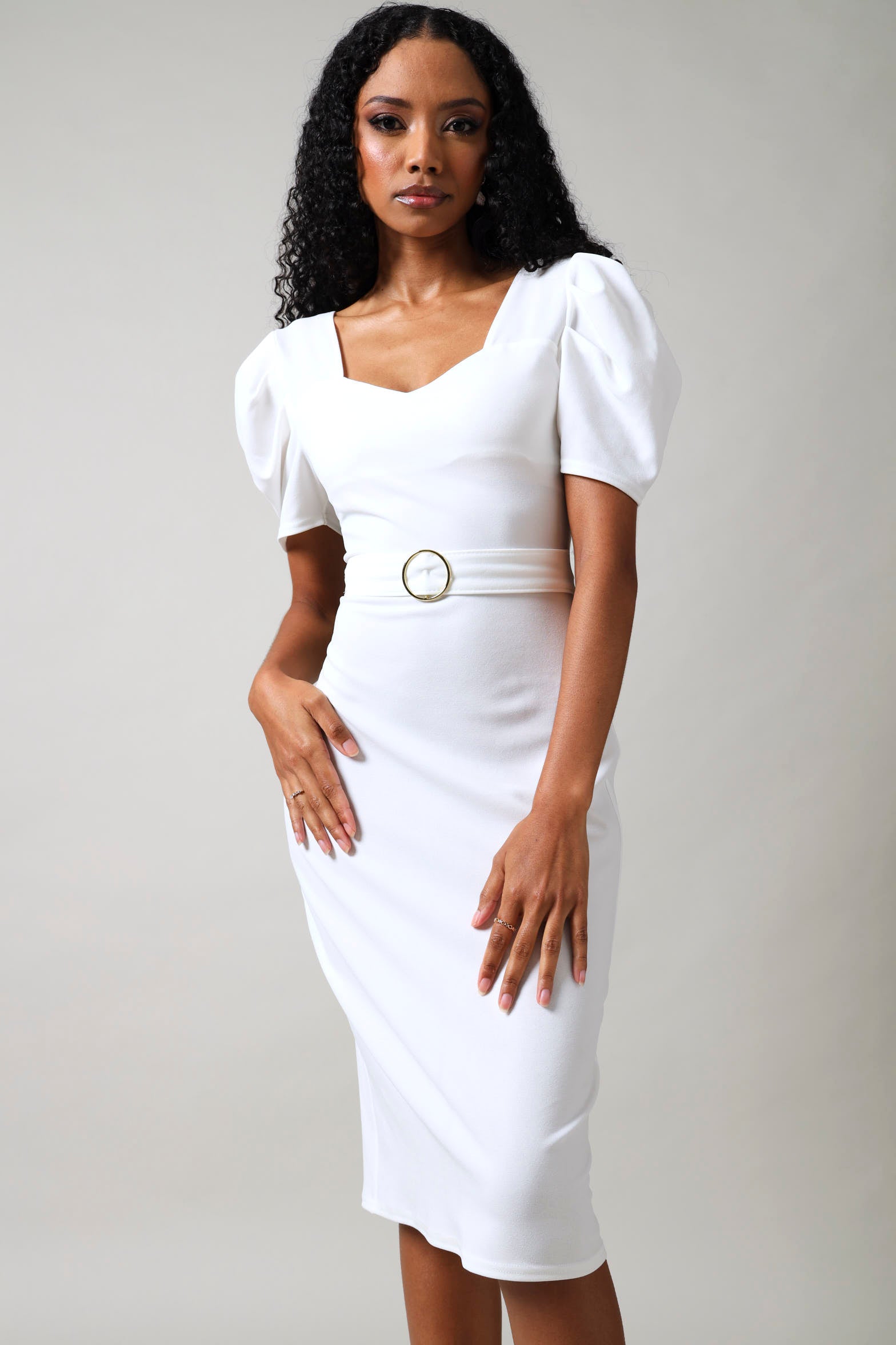 Short Sleeve Belted Bodycon Midi Dress