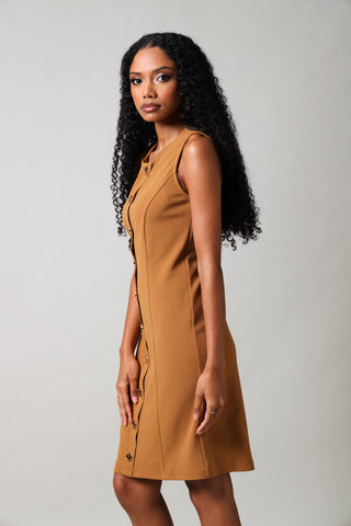 Sleeveless Button Down Bodycon Dress - Tan