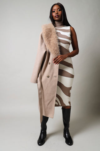 Long Sleeve Fur Melton Coat - Brown