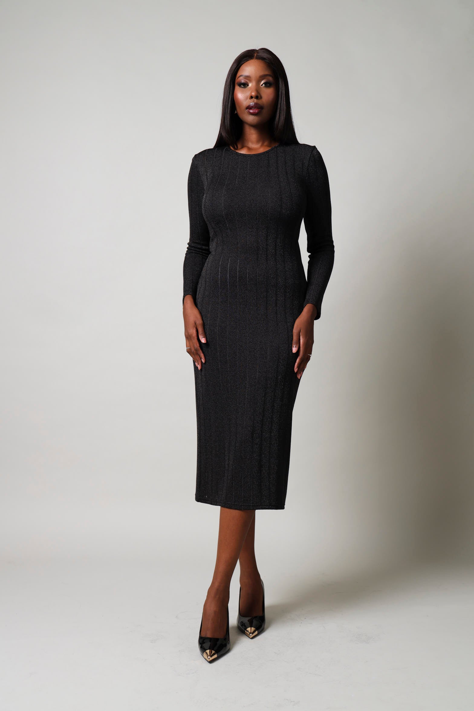 Long Sleeve Metallic Knit Dress