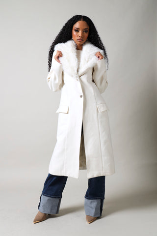 Fur Collar Melton Coat - Cream