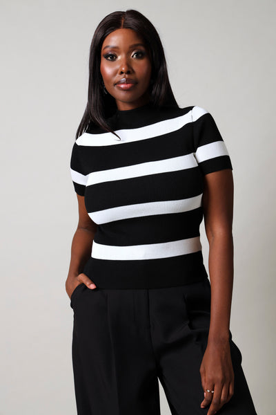 Short Sleeve Turtleneck Stripe Knitwear Top - Black/White – LEGiT