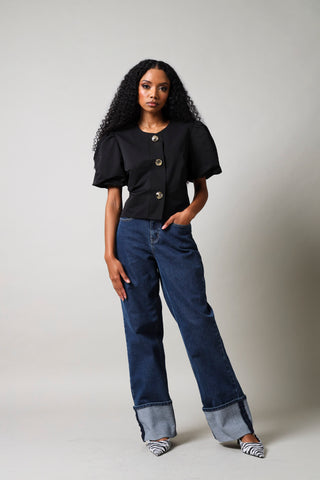 Short Sleeve Front Button  Blouse - Black