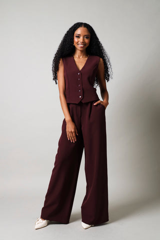 Sleeveless V Neck Button Down Waistcoat - Burgundy