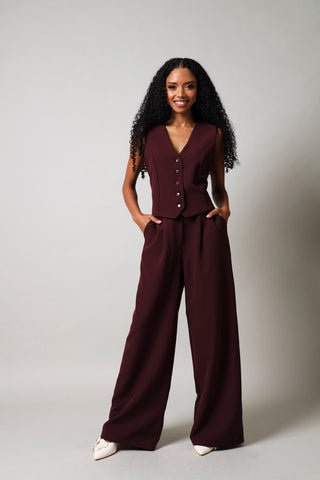 Trim Detail Wide leg Pants - Burgundy