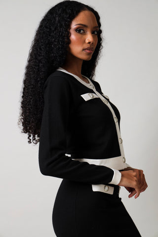 Long Sleeve Contrast Button Cardigan - Black/White