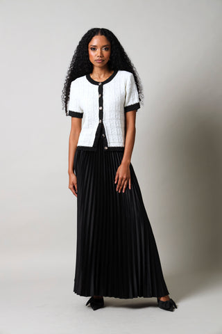 Short Sleeve Button Down Knitwear Top -  White/Black