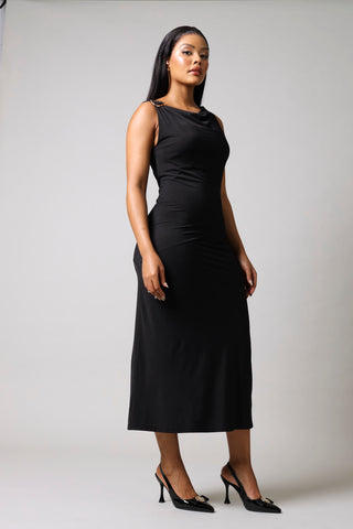 Sleeveless Buckle Trim Slinky Dress - Black