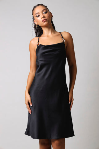 Strappy Ring Trim Short Satin Party Slip Dress - Black