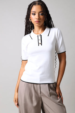 Short Sleeve Contrast Detail Golfer - White/Black