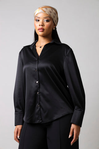 Long Sleeve Satin Button Through Shirt - Black