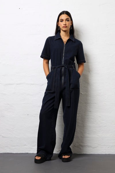 Short Sleeve Zip Front Denim Jumpsuit - Ink – LEGiT