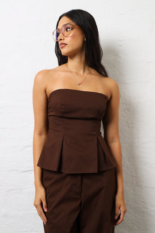 Pleat Detail Strapless Top - Chocolate