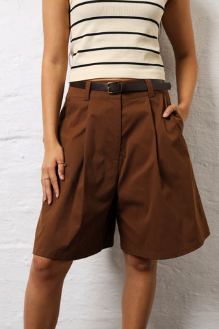 Belted Pleat Front Bermuda Shorts - Chocolate