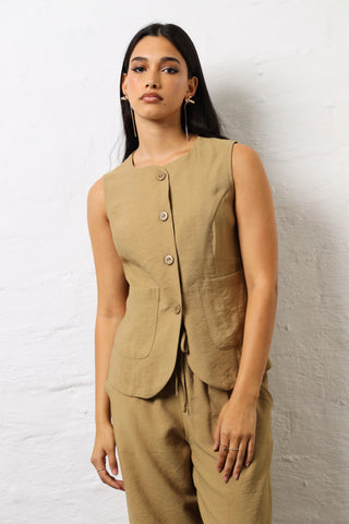 Linen Look Long Length Waistcoat - Olive