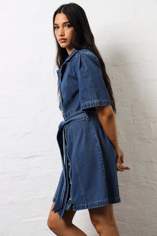 Short Sleeve Belted Denim Blazer Mini Dress - Salty Medium Wash