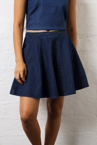 Denim Godet Mini Skirt - Dark Wash