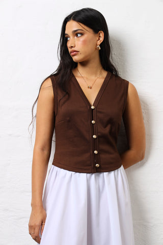 Ribbed Button Through Vest - Chocolate