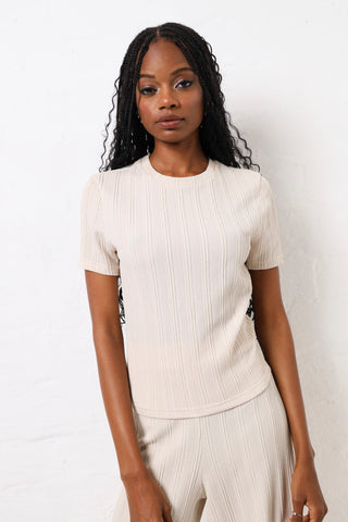 Short Sleeve Self Stripe Knit Tee - Cream