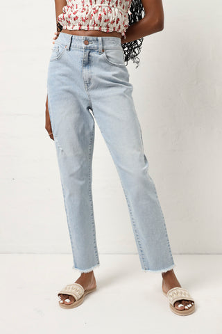 Raw Hem Slim Mom Jean - Stonewash