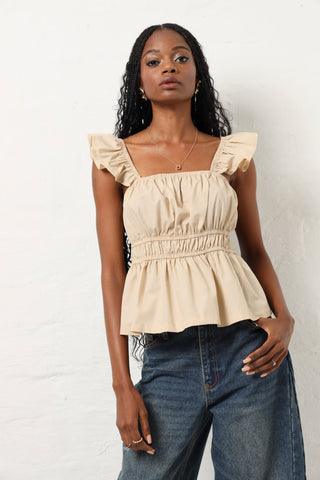 Frill Sleeve Rouched Bodice Poplin Blouse - Taupe