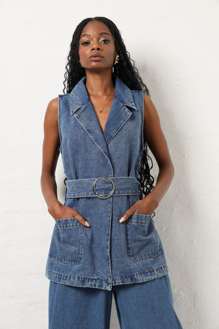 Sleeveless Denim Belted Gilet - Stonewash