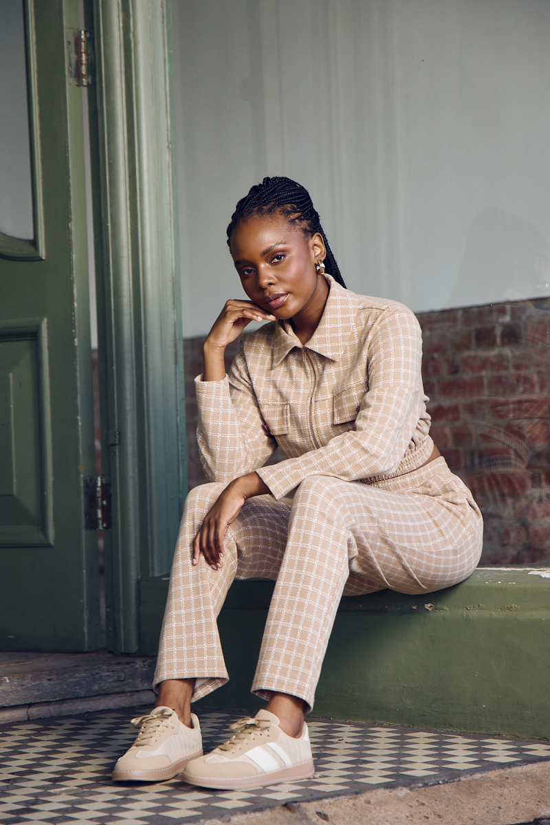 Long Sleeve Zip Through Cropped Check Jacket - Beige/Cream – LEGiT