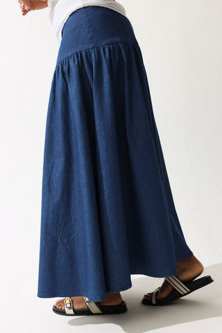 Chambray Flared Midi Skirt - Medium Wash