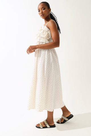 Ruffled Bodice Polka Midi Dress - Beige