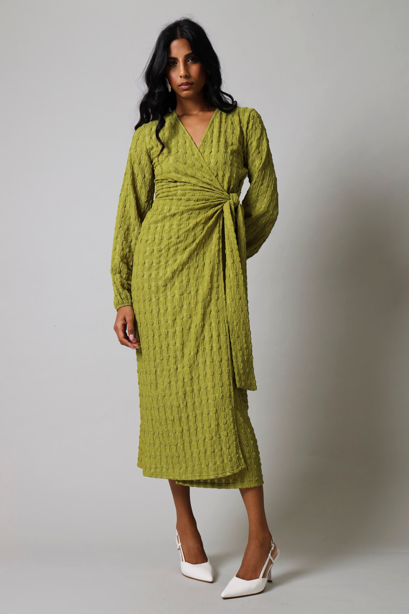 Long Sleeve Wrap Textured Dress