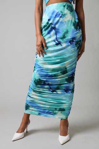 Maxi Ruched Slinky Skirt - Blue