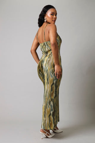 Strappy Printed Bodre Midi Dress - Green