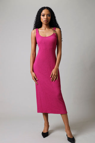 Strappy Textured Knit Trim Dress - Magenta