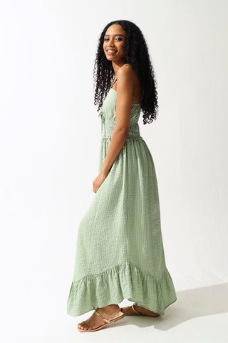 Seersucker Shirred Tie Front  Midi Dress - Sage