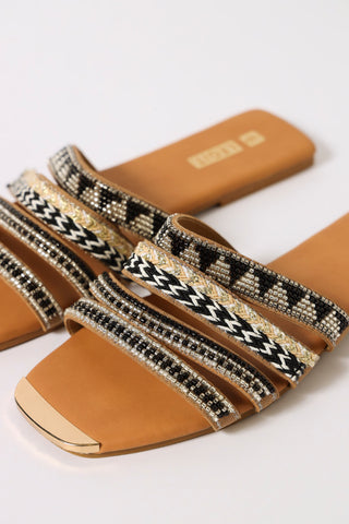 Metal Toe Cap Multi Beaded Strap Sandal - Black