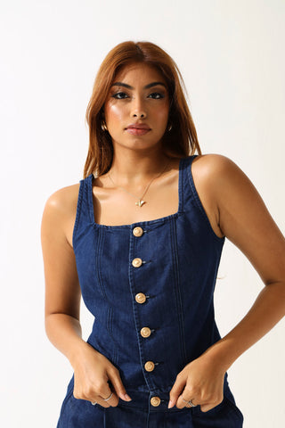 Denim Fancy Button Waistcoat - Ink